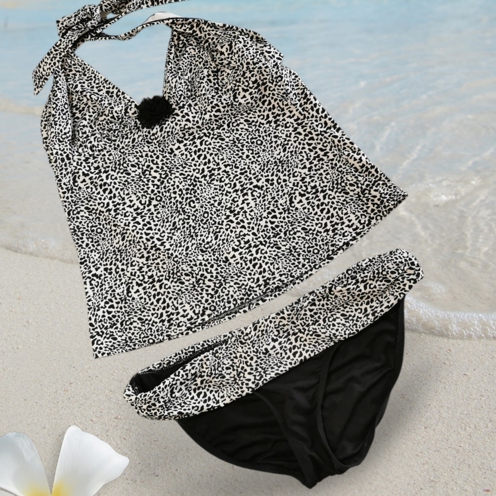 Kenneth Cole Reaction Black/White 2-Piece V-Neck Tankini Swimsuit - Sz L